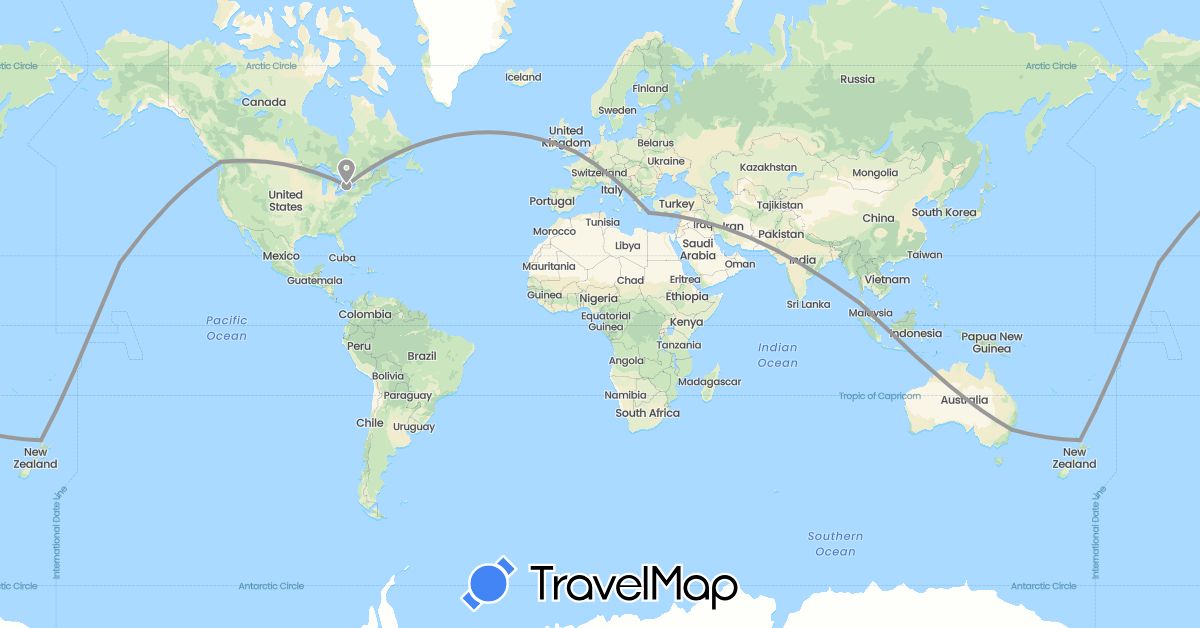 TravelMap itinerary: driving, plane in Australia, Canada, United Kingdom, Greece, New Zealand, Thailand, United States (Asia, Europe, North America, Oceania)